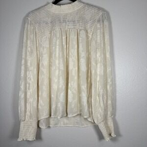 Knox Rose Cream Floral Embossed Smocked Mock Neck Long Sleeve Blouse Top L